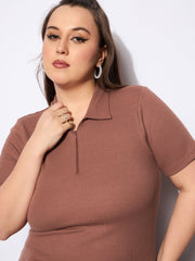 Women Brown Rib Front Zipper Polo Neck Top