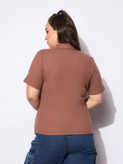 Women Brown Rib Front Zipper Polo Neck Top