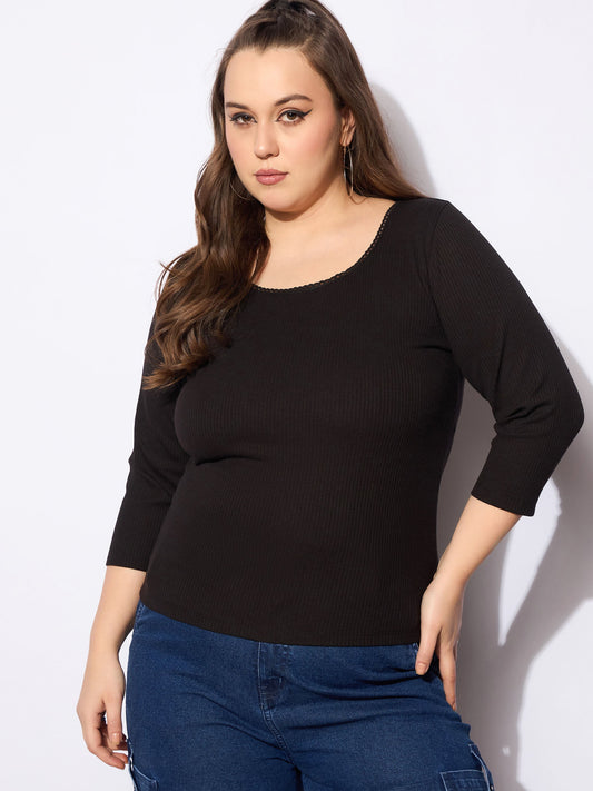 Women Black Rib Round Neck Lace Detail Top