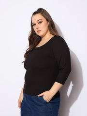 Women Black Rib Round Neck Lace Detail Top