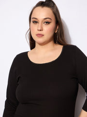 Women Black Rib Round Neck Lace Detail Top
