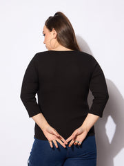 Women Black Rib Round Neck Lace Detail Top