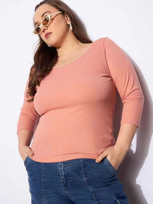 Women Pink Rib Round Neck Lace Detail Top