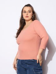Women Pink Rib Round Neck Lace Detail Top