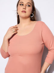 Women Pink Rib Round Neck Lace Detail Top