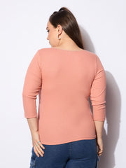 Women Pink Rib Round Neck Lace Detail Top