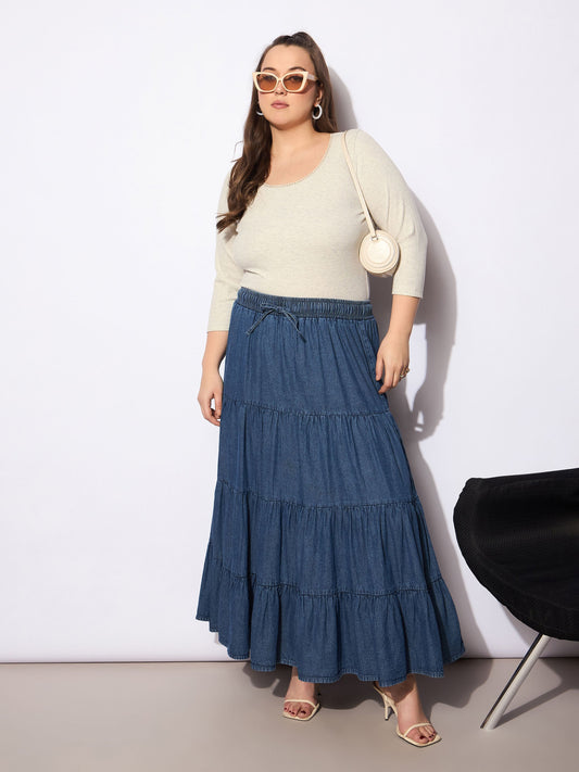 Women Beige Melange Round Neck Lace Detail Top