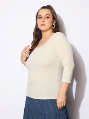 Women Beige Melange Round Neck Lace Detail Top