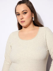 Women Beige Melange Round Neck Lace Detail Top