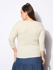 Women Beige Melange Round Neck Lace Detail Top