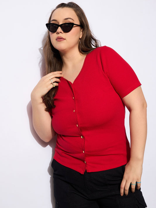 Women Red Rib Front Button Lace Detail Top