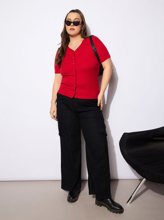 Women Red Rib Front Button Lace Detail Top