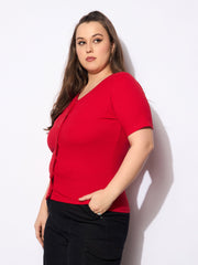 Women Red Rib Front Button Lace Detail Top
