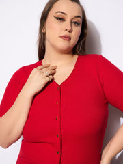 Women Red Rib Front Button Lace Detail Top