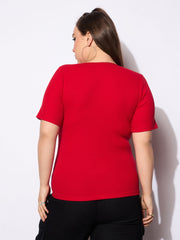 Women Red Rib Front Button Lace Detail Top