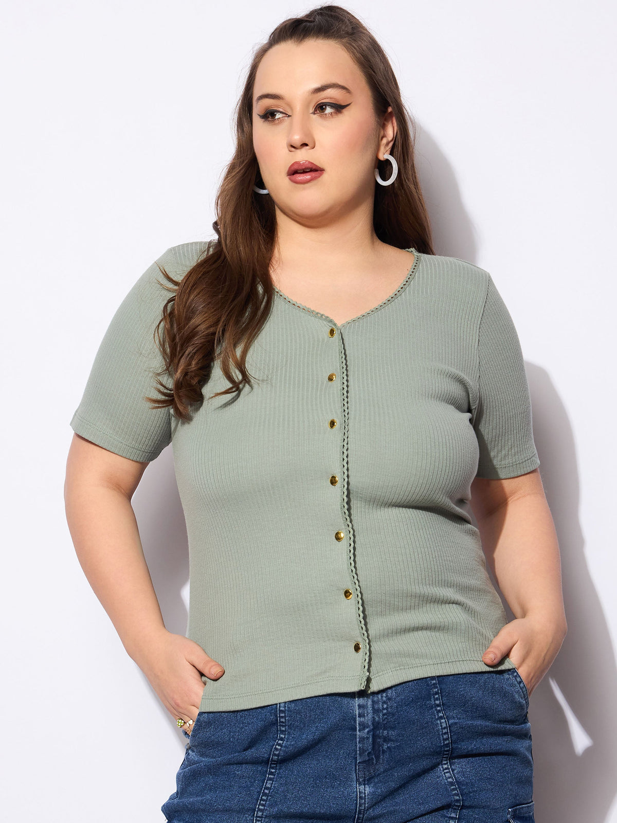 Women Green Rib Front Button Lace Detail Top