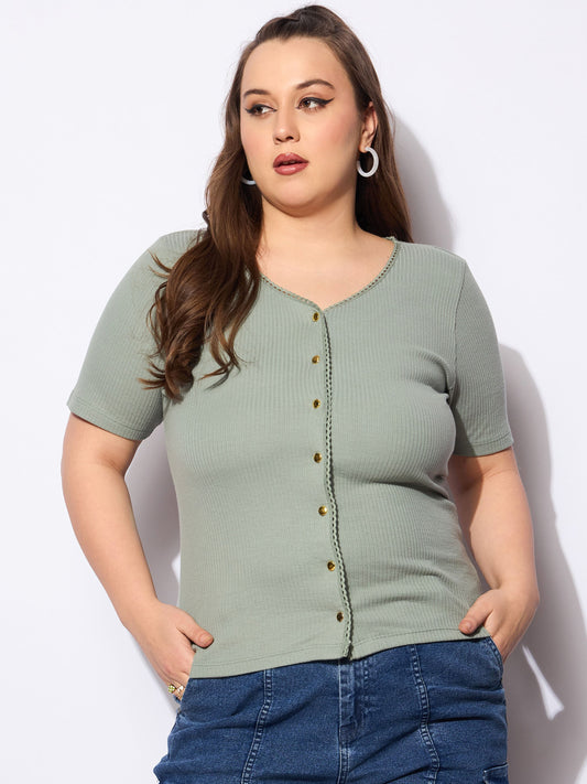 Women Green Rib Front Button Lace Detail Top