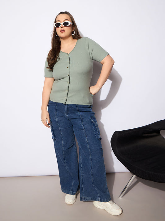 Women Green Rib Front Button Lace Detail Top