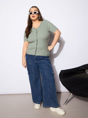 Women Green Rib Front Button Lace Detail Top