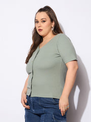Women Green Rib Front Button Lace Detail Top