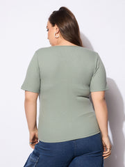 Women Green Rib Front Button Lace Detail Top