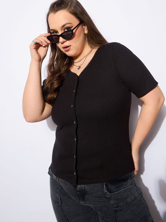 Women Black Rib Front Button Lace Detail Top