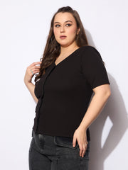 Women Black Rib Front Button Lace Detail Top