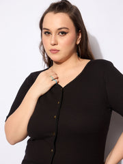 Women Black Rib Front Button Lace Detail Top