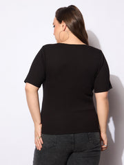 Women Black Rib Front Button Lace Detail Top