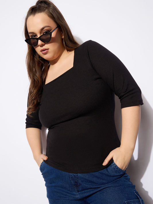 Women Black Rib Square Neck Top