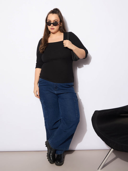 Women Black Rib Square Neck Top