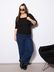 Women Black Rib Square Neck Top