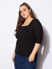 Women Black Rib Square Neck Top