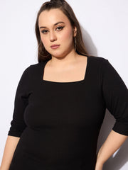 Women Black Rib Square Neck Top