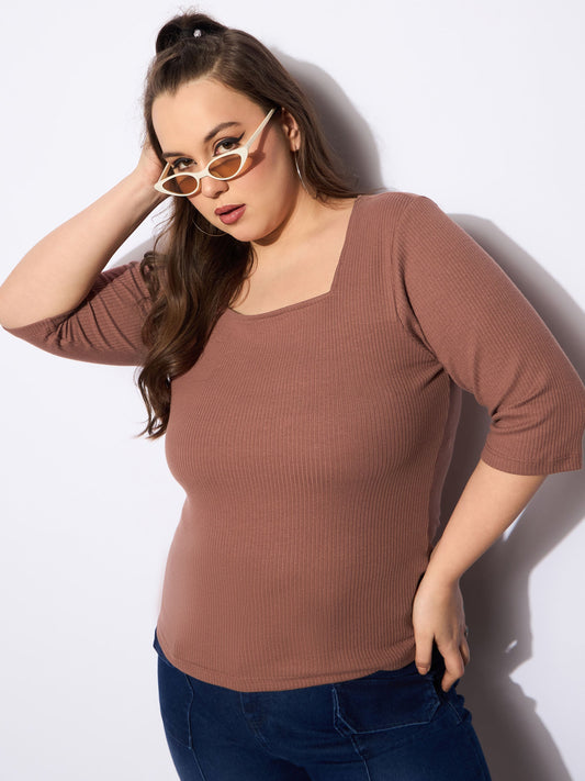 Women Brown Rib Sqaure Neck Top