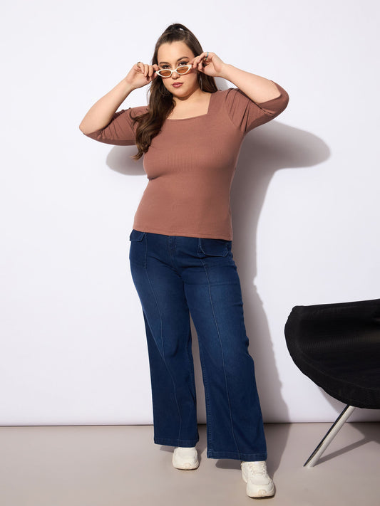 Women Brown Rib Sqaure Neck Top