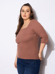 Women Brown Rib Sqaure Neck Top