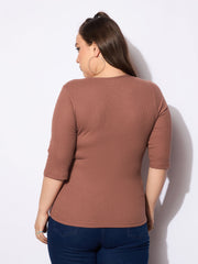 Women Brown Rib Sqaure Neck Top