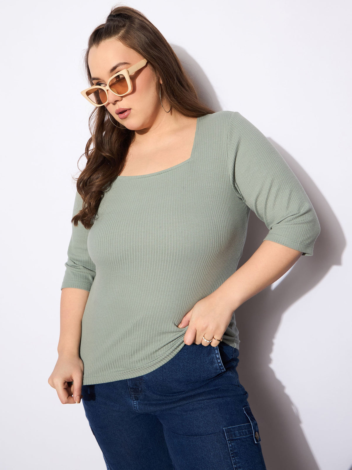 Women Green Rib Square Neck Top
