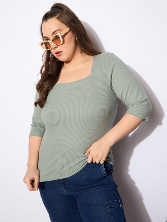 Women Green Rib Square Neck Top