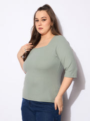 Women Green Rib Square Neck Top