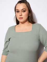 Women Green Rib Square Neck Top