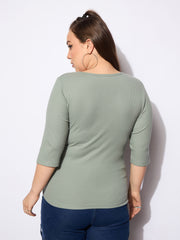 Women Green Rib Square Neck Top