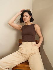 Women Brown Jersey Sleeveless Crop Top