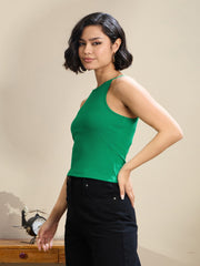 Women Green Rib Box Back Top