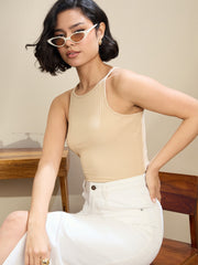 Women Beige Rib Box Back Top