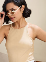 Women Beige Rib Box Back Top