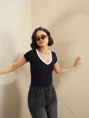 Women Black Contrast Deep V-Neck Crop T-Shirt