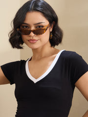 Women Black Contrast Deep V-Neck Crop T-Shirt