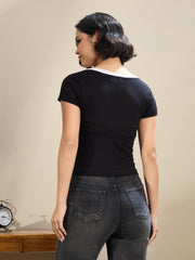 Women Black Contrast Deep V-Neck Crop T-Shirt